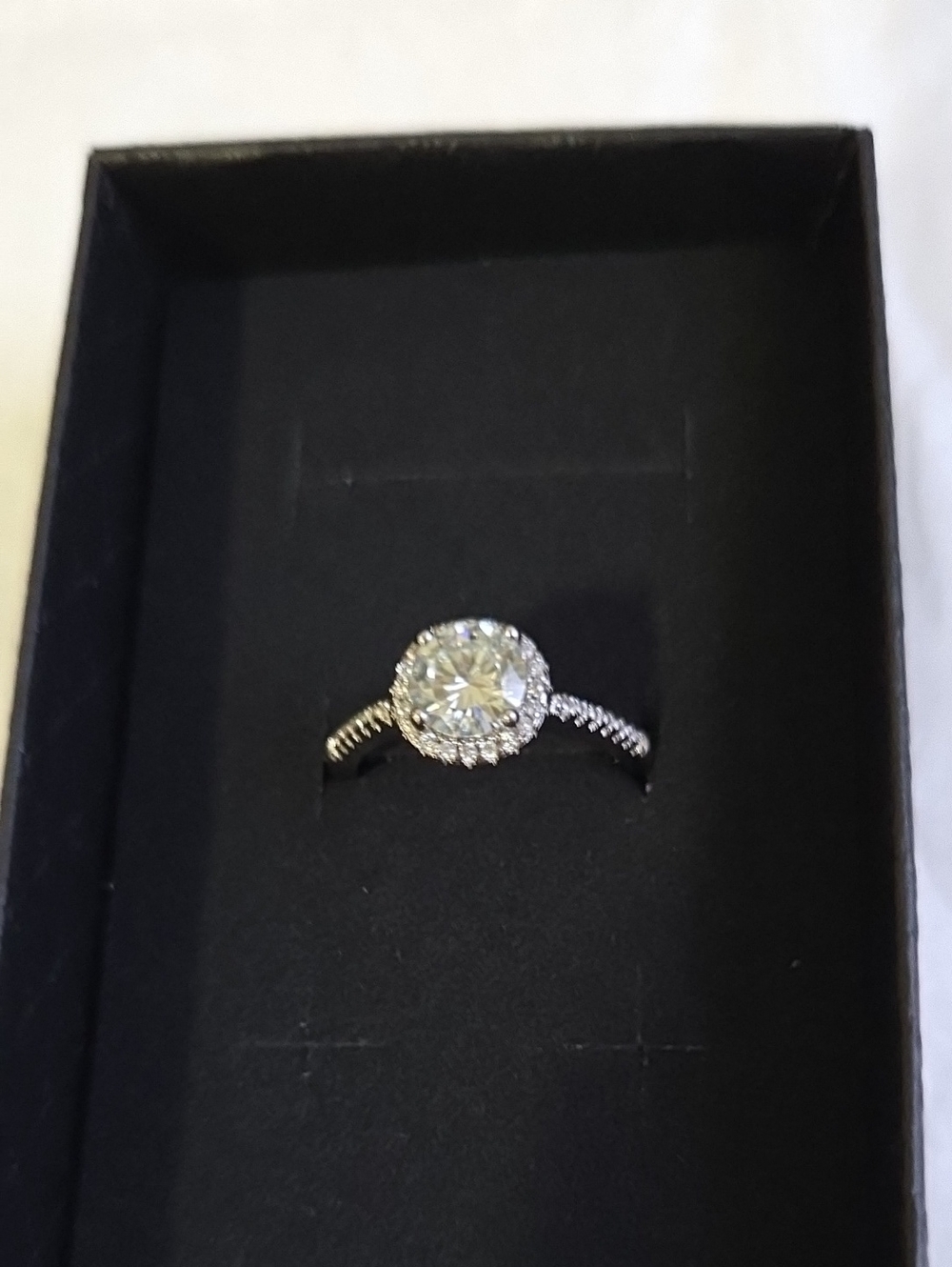 Moissanite Halo 14k White Gold Plated Engagement Ring